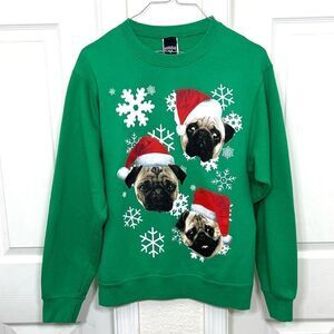 Ugly Christmas Sweater Sweatshirt Pugs in Santa Hats Dogs Fifth Sun Green Size S